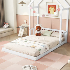 HAOYYE Full Roof-framed Headboard Floor Bed with Headboard Guardrails, without Slats White Sturdy Space-Saving Heavy Duty Modern Design Adults Dorm Room Easy Assembly Bedroom Furniture