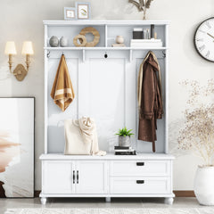 HAOYYE Modern White Hall Tree with Storage Cabinet, 2 Large Drawers, and 5 Coat Hooks, Sturdy Space-Saving Mudroom Bench, Heavy Duty Design for Adults