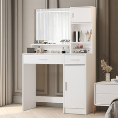 HAOYYE Vanity Desk With Mirror And LED Lighting, Dressing Table With Large Drawer And Multiple Storage Levels, 3 Lighting Modes With Adjustable Brightness, Modern White Design For Bedroom, Sturdy Space-Saving Construction