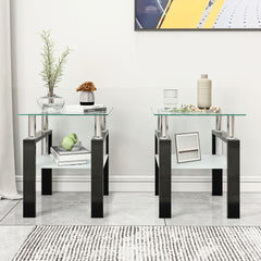HAOYYE Set of 2, Modern Tempered Glass Tea Table Coffee Table End Table, Square Table for Living Room, Transparent/Black Sturdy Space-Saving Heavy Duty Modern Design Adults Dorm Room Easy Assembly