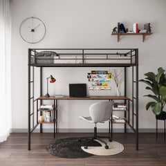 HAOYYE Twin-Size Loft Bed With Table And Shelves, Heavy-Duty Metal Construction, Noise-Reduced Design, Safety Guardrail, Two Side Ladders, CPC Certified, No Box Spring Required, Space-Saving Loft Bed For Modern Living Spaces