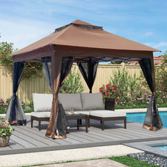 HAOYYE Outdoor 11x11 Ft Pop Up Gazebo Canopy with Removable Zipper Netting Brown 2 Tier Soft Top Event Tent Shelter with 4 Sandbags for Patio Backyard Garden Deck Poolside Lawn Camping Area Waterproof UV Resistant Vented Roof Easy Setup