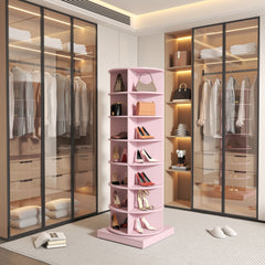 HAOYYE New 360 pink rotating shoe cabinet with 7 layers can accommodate up to 28 Paris shoes Sturdy Space-Saving Heavy Duty Modern Design Adults Dorm Room Easy Assembly Bedroom Furniture