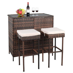 HAOYYE Bar Table and Stool Set Brown Gradient 3 Piece Rattan Pub Bistro Set with 2 Bar Stools and 1 Bar Table Removable Wicker Patio Furniture with Iron Frame for Balcony Garden Porch Lounge