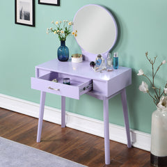 HAOYYE Liannon Contemporary Wood Vanity and Stool Set, Purple Makeup Vanity Table with Storage Drawers, Elegant Dressing Table with Round Mirror and Cushioned Stool, Stylish Compact Vanity Desk for Bedroom, Apartment, or Makeup Room