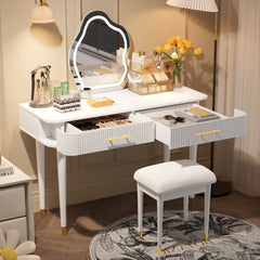 HAOYYE 40" Modern Vanity Table Set with Mirror Touch Screen Lighted Mirror, Dressing Table and Cushioned Stool Set with 2 Large Drawers, White