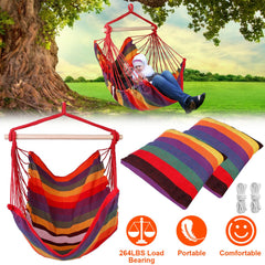 HAOYYE Hammock Hanging Chair with Wooden Stick and 2 Pillows Portable Canvas Porch Patio Swing Seat Lightweight Rope Seat Comfortable and Durable with 265LBS Load Capacity for Outdoor Camping Relaxation