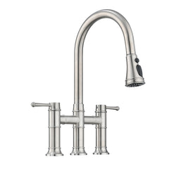 HAOYYE Double Handle Bridge Kitchen Faucet With Pull-Down Spray Head Sturdy Space-Saving Heavy Duty Modern Design Adults Dorm Room Easy Assembly Bedroom Furniture