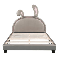 HAOYYE Full Size Upholstered Leather Platform Bed with Rabbit Ornament, Gray Sturdy Space-Saving Heavy Duty Modern Design Adults Dorm Room Easy Assembly Bedroom Furniture