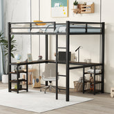 HAOYYE Full Metal Loft Bed with Desk and Shelves, Loft Bed with Ladder and Guardrails, Loft Bed Frame for Bedroom, Black with Vintage wood-colored desk Sturdy Space-Saving Heavy Duty Modern Design