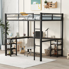 HAOYYE Full Metal Loft Bed with Desk and Shelves, Loft Bed with Ladder and Guardrails, Loft Bed Frame for Bedroom, Black with Vintage wood-colored desk Sturdy Space-Saving Heavy Duty Modern Design