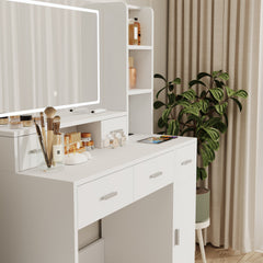 HAOYYE White dressing table with LED 3-color illuminated mirror and power outlet, dressing table with drawers, storage box and shelf, dressing table with bedroom cushioned stool