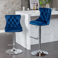 HAOYYE Swivel Velvet Barstools with Adjustable Seat Height, Modern Upholstered Bar Stools with Chrome Base and Comfortable Tufted Back for Kitchen Island and Home Pub, Set of Two, Blue