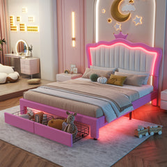 HAOYYE Full Size Upholstered Bed Frame With LED Lights, Modern Princess Bed With Crown Headboard And 2 Drawers, Pink And White, Sturdy Space-Saving Heavy Duty Design For Adults And Dorm Rooms
