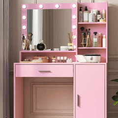 HAOYYE Vanity Desk with Mirror & Light, Large Drawer Three Level Storage Dresser, 3 Lighting Modes Adjustable Brightness, Bedroom Dressing Table(Pink) with modern design, luxury style, durable.