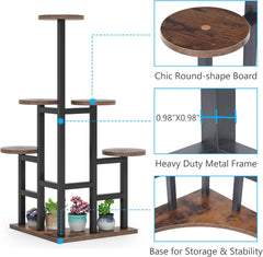 HAOYYE Multi-Tier Plant Stand Indoor Outdoor Metal Flower Shelf with 6 Round Wood Grain Display Trays Modern Corner Planter Holder Rack for Living Room Balcony Garden Patio Decor