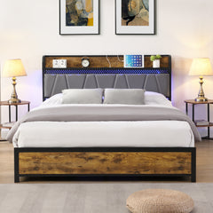 HAOYYE Full Size Bed Frame with Storage Headboard, Charging Station, LED Lights, and Four Drawers, Brown and Gray, Sturdy Space-Saving Design, Heavy Duty Construction, Modern Stylish Home Furniture