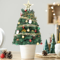 HAOYYE Green Pre-Lit Mini Artificial Christmas Tree, Tabletop Small Xmas Pine Tree with Ornaments and 30 Warm LED Lights, Battery Operated Holiday Decor for Home Office Store, Festive Indoor Display