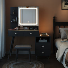 HAOYYE Vanity Dressing Table Set with LED Three-Tone Light Mirror, 4 Drawers, 2-Layer Shelf, Mirror Cabinet with Light Strips, Pitted Particle Board with Melamine Finish, Solid Wood Legs with Copper Sheath, Makeup Desk with Storage for Bedroom