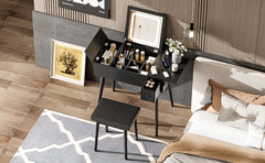 HAOYYE 27.9'' Black Makeup Vanity Desk with Flip Top Mirror and LED Light, Dressing Table with Charging Station, 2 Drawers and Fold-up Panel, Vanity Set with Cushioned Stool for Bedroom