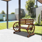 HAOYYE Rustic 2-Person Wooden Wagon Wheel Bench with Slatted Seat and Backrest, Durable Outdoor Bench for Patio, Garden, or Backyard, Comfortable and Stylish, Perfect for Relaxing and Enjoying the Outdoors