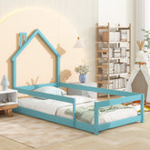 HAOYYE Twin Size Wood Bed with House-Shaped Headboard, Floor Bed with Fences, Sturdy Space-Saving Design, Easy Assembly for Bedroom, Dorm Room, and Modern Home Decor