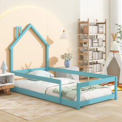 HAOYYE Twin Size Wood Bed with House-Shaped Headboard, Floor Bed with Fences, Sturdy Space-Saving Design, Easy Assembly for Bedroom, Dorm Room, and Modern Home Decor
