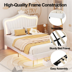 HAOYYE Full Size Upholstered Bed Frame with LED Lights,Modern Upholstered Princess Bed With Crown Headboard,White Sturdy Space-Saving Heavy Duty Modern Design Adults Dorm Room Easy Assembly