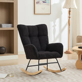 Haoyye Black Modern Nursery Rocking Chair with High Backrest, Soft Teddy Upholstered Glider Accent Armchair with Solid Wood Legs, Gentle Rocker for Bedroom, Living Room, or Nursery, Sturdy and Space-Saving Design for Adults