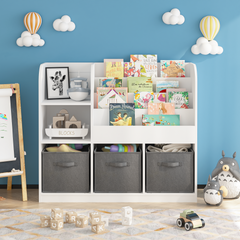HAOYYE Bookcase and Bookshelf, Multifunctional Display Stand With 3 Collapsible Fabric Drawers, Toy Storage Organizer for Bedroom, Playroom, or Hallway, White/Gray, Sturdy Space-Saving Design