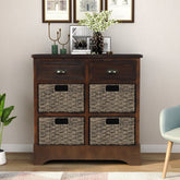 HAOYYE Rustic Storage Cabinet with Two Drawers and Four Classic Rattan Baskets for Dining Room or Living Room, Espresso, Sturdy Space-Saving Design, Heavy Duty Construction, Easy Assembly, Durable and Stylish Home Furniture