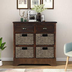 HAOYYE Rustic Storage Cabinet with Two Drawers and Four Classic Rattan Baskets for Dining Room or Living Room, Espresso, Sturdy Space-Saving Design, Heavy Duty Construction, Easy Assembly, Durable and Stylish Home Furniture