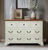 HAOYYE Farmhouse 7-Drawer Dresser With Rustic Natural Texture, Vintage Design Storage Chest, Organizer For Bedroom, Living Room, Hallway, Antique White Sturdy Space-Saving Furniture