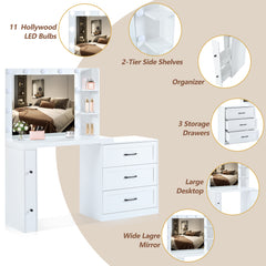 HAOYYE 55.2" Vanity Desk with Freely Adjustable Side Cabinet, Makeup Vanity with Hollywood Lights, 5 Storage Drawers & 2-shelves, Modern Dressing Table, White