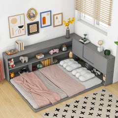 HAOYYE Full Floor Bed with L-shaped Bookcases, sliding doors,without slats,Grey Sturdy Space-Saving Heavy Duty Modern Design Easy Assembly Durable Stylish Home Furniture Versatile