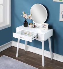 HAOYYE Maly Contemporary Wood Vanity and Stool Set, White Makeup Vanity Table with Mirror and Storage Drawers, Elegant Dressing Table with Cushioned Stool for Bedroom, Compact Vanity Desk for Small Spaces, Stylish Beauty Station for Girls and Women