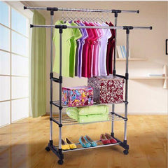 HAOYYE Dual Bars Horizontal & Vertical 3-Tier Stainless Steel Clothing Rack, Space-Saving Garment and Shoe Organizer, Durable and Versatile Storage Solution, Modern Design for Home or Office