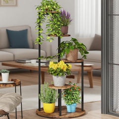 HAOYYE 5-Tier Corner Plant Stand with Wood and Metal Frame, Rustic Brown Finish, Space-Saving Freestanding Flower Rack for Indoor and Outdoor Use, Perfect for Displaying Multiple Potted Plants in Garden, Balcony, or Patio