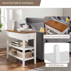 HAOYYE Narrow 2-tone End Table with USB Charging Ports for Small Space, SOLID WOOD Table Legs, White and Walnut, 11.8"W*24"D*24.2"H Sturdy Space-Saving Heavy Duty Modern Design Adults Dorm Room