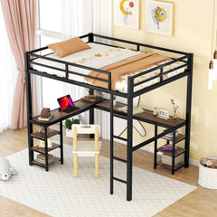 HAOYYE Full Metal Loft Bed with Desk and Shelves, Loft Bed with Ladder and Guardrails, Loft Bed Frame for Bedroom, Black with Vintage wood-colored desk Sturdy Space-Saving Heavy Duty