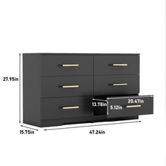 HAOYYE Black 6-Drawer Dresser Chest With Gold Handles, Modern Sturdy Space-Saving Heavy Duty Storage Cabinet For Bedrooms And Dorm Rooms, Easy Assembly