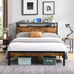 HAOYYE Queen Size Metal Platform Bed Frame with Wooden Headboard and Footboard with USB LINER, No Box Spring Needed, Large Under Bed Storage, Easy Assemble Sturdy Space-Saving Heavy Duty Modern Design
