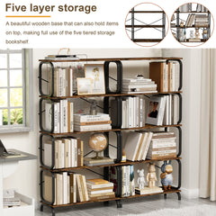HAOYYE 5 Tier Large Book Shelf, Bookcase Home Office Open Bookshelf,Shelves for Living Room, Office Shelf,Vintage Industrial Style Bookshelf with Metal Frame,Rustic Brown Sturdy Space-Saving Heavy Duty