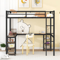 HAOYYE Full Metal Loft Bed with Desk and Shelves, Loft Bed with Ladder and Guardrails, Loft Bed Frame for Bedroom, Black with Vintage wood-colored desk Sturdy Space-Saving Heavy Duty