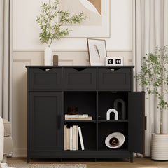 HAOYYE Storage Cabinet With Drawers And Shelves, Black Wooden Floor Cabinet, Accent Cabinet For Living Room, Bedroom, Or Bathroom, Sturdy Modern Space-Saving Heavy Duty Design