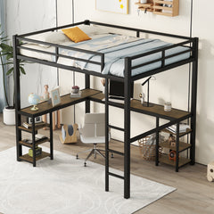 HAOYYE Full Metal Loft Bed with Desk and Shelves, Loft Bed with Ladder and Guardrails, Loft Bed Frame for Bedroom, Black with Vintage wood-colored desk Sturdy Space-Saving Heavy Duty Modern Design