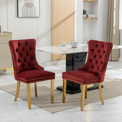 HAOYYE Nikki Collection Modern, High-end Tufted Solid Wood Contemporary Velvet Upholstered Dining Chair with Golden Stainless Steel Plating Legs,Nailhead Trim,Set of 2,Wine Red and Gold, SW1601WR,Burgundy