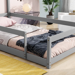 Haoyye Twin Size Wood Bed with House-Shaped Headboard, Floor Bed Frame with Fences and Guardrails, Modern Space-Saving Platform Bed for Bedroom or Dorm, Sturdy Pine Construction, Easy to Assemble, Ideal for Creative and Relaxing Sleep Spaces