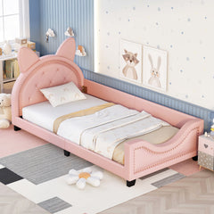 HAOYYE Twin Size Upholstered Daybed with Carton Ears Shaped Headboard, Pink Sturdy Space-Saving Heavy Duty Modern Design Adults Dorm Room Easy Assembly Bedroom Furniture