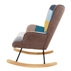 Haoyye Mid-Century Modern Rocking Chair with Patchwork Linen Upholstery, Fabric Accent Rocker with Wood Legs and High Backrest, Comfortable Retro Armchair for Living Room, Bedroom or Lounge, Sturdy Space-Saving Easy Assembly Design